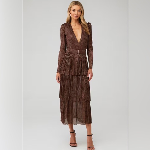 Sabina Musayev Dresses & Skirts - Sabina Musayev Metallic Brown Tiered Midi Dress — Long Sleeve V-Neck, Elegant